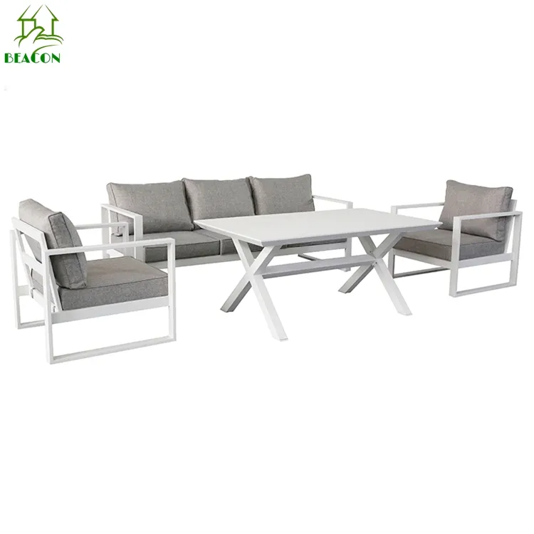 Furnitur sofa balkon teras putih grosir mebel set sofa taman luar ruangan logam putih