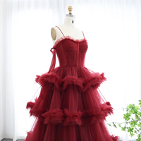 Robes de soirée à volants en tulle bordeaux arabe avec gants Robes de soirée de mariage à bretelles spaghetti roses SF049-1