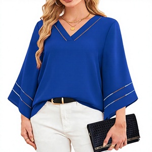 Blusa de talla grande para mujer, cuello en V, manga 3/4, estilo chiffon, informal, para oficina, verano - Product Image 3