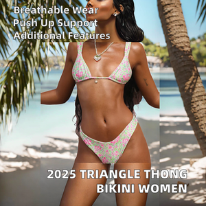 Ensemble bikini triangle personnalisé à imprimé floral pour femme, avec détail breloque coquillage, maillot de bain deux pièces coupe haute, tenue de plage sexy 2026 - Product Image 2