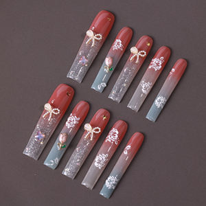 Prix usine de gros Faux ongles de luxe faits à la main en acrylique à presser, avec strass, forme carrée, motif French manucure 3D à couverture complète - Product Image 1