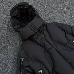 Veste <span class=keywords><strong>d</strong></span>'<span class=keywords><strong>hiver</strong></span> épaisse et chaude coupe-vent noire pour <span class=keywords><strong>homme</strong></span>, avec capuche amovible, style streetwear, fermeture éclair, doudoune matelassée lourde, personnalisable OEM - Product Image 3