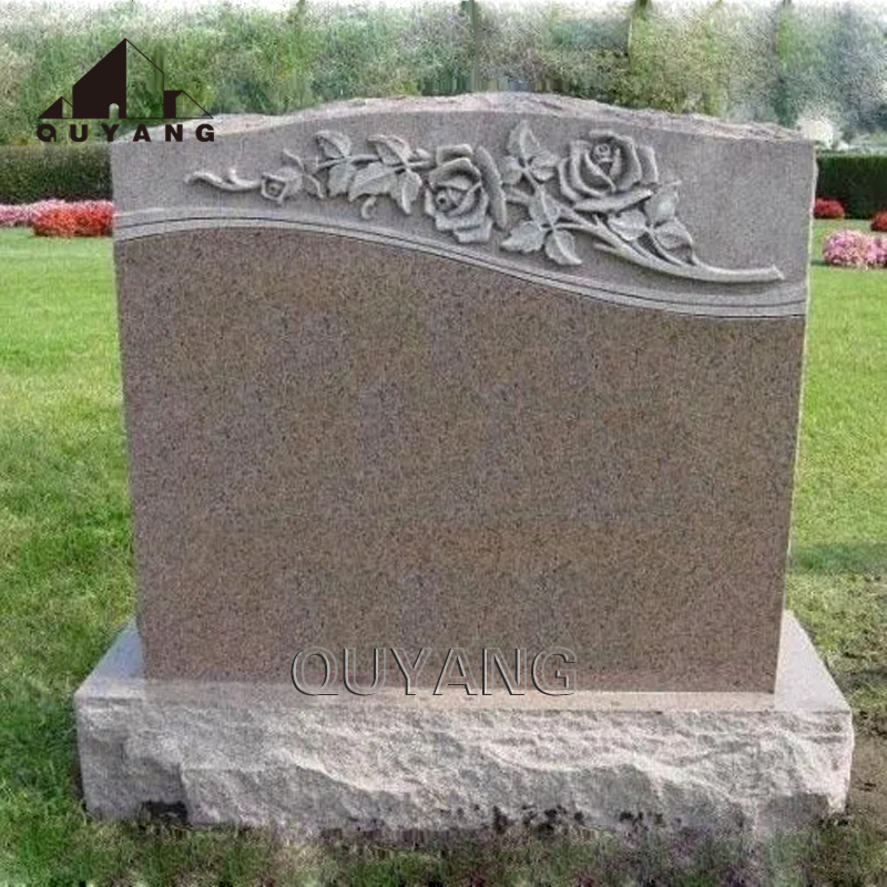 QUYANG Customized Outdoor Commemorative Natural Marble Carving Headstone Rose Gray Granite Tombstone