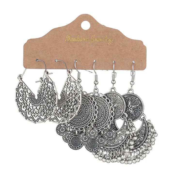Vintage Gypsy Big Round Earrings For Women Silver Color Tassel Dangle Earring Set 2020 Fashion Ethnic Earring Jewelry