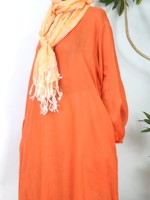 Robe longue ample en lin orange vif avec col et ourlet à volants jaunes, style Abaya modeste, pour femmes musulmanes, été, respirante, écologique, OEM