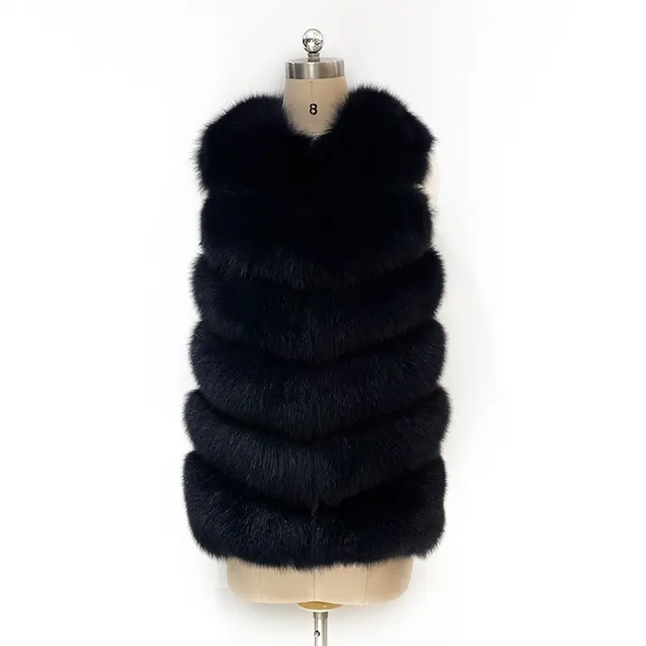 Luxury Elegant Winter Vest Jacket Hooded Sleeveless Long Black Full Length Fox Fur Coat Coat