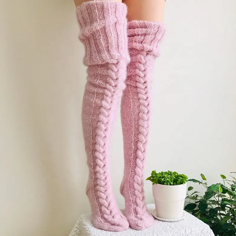 Lw-ag meias femininas antiderrapantes, para mulheres, de malha, acima do joelho, meias alongadas de lã