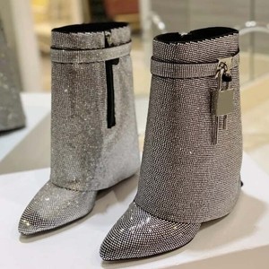 Botines Mujer Shark Lock Fashion Wedge Heel Shiny Rhinestone Short <b>Boots</b> for Women Shoes - Product Image 4