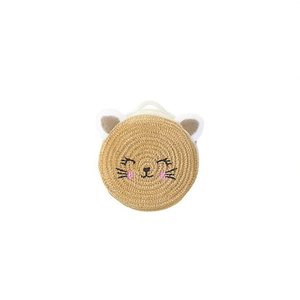 Borsa Rotonda Piccola in Paglia Intrecciata con Gatto Sorridente che Sforbidisce 12x6cm per Bambini - Product Image 1