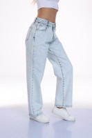 Jean décontracté en denim délavé à jambe large pour femme avec effet whiskers – Pantalon tendance pour femme