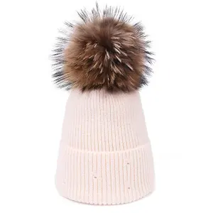 Pemasok langsung pabrik topi rajut topi angora topi musim dingin kustom wanita dengan pom pom