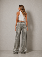 Pantalon décontracté pour femme en jean droit déchiré et vieilli avec empiècements en dentelle, design vintage, taille mi-haute, coupe ample, idéal pour l'été