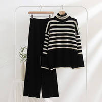 Ensemble 2 pièces pour femme : Pull col montant + Pantalon long droit à jambes larges en maille, style décontracté