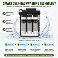 Purificateur d'eau RO Aicksn 5 étapes 100G avec réservoir et robinet, cartouche 10 pouces, auto-nettoyant électrique pour usage domestique et eau potable