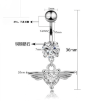 Anneaux de nombril pendulants en forme d'ailes d'ange avec strass en cristal, en acier inoxydable chirurgical plaqué argent, cadeau de mariage