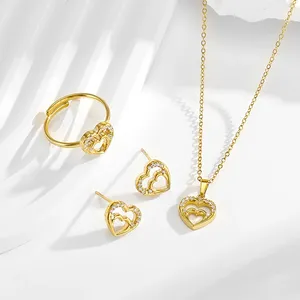 3 unids/set circón corazón collar pendientes anillo titanio acero joyería conjunto mujer chapado en oro joyería conjunto - Product Image 2