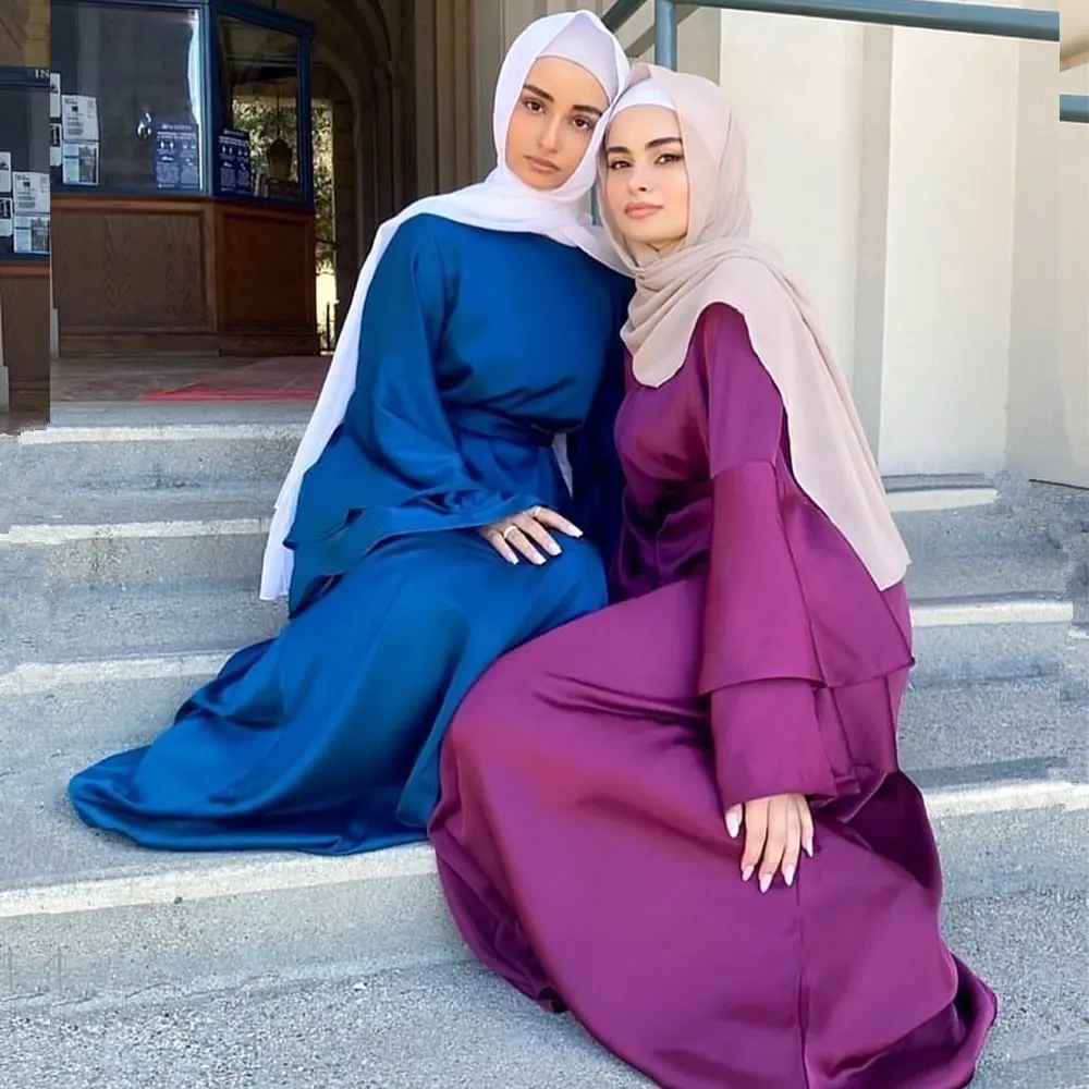 Vestido musulmán liso de estilo turco para mujer, vestido de color puro de manga mandarín, abaya suave