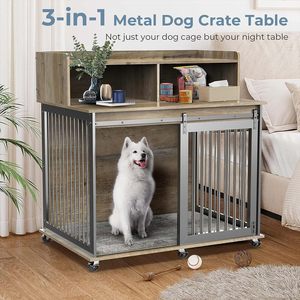 重型室内翻盖式小狗狗窝木笼茶几狗板条箱带橱柜家具 - Product Image 2