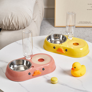 Distributeur d'eau automatique à double bol en acier inoxydable, bol pour animaux de compagnie en forme de canard, rose et jaune - Product Image 1