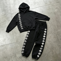 Ensemble survêtement homme hiver personnalisé, épais, délavé à l'acide, avec broderie sur les revers et strass, effet usé, comprenant sweat à capuche et pantalon de survêtement
