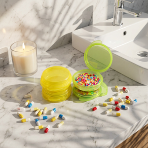 Boîtes à pilules rondes en plastique avec couvercles jaunes et verts pour le stockage de médicaments - Product Image 1
