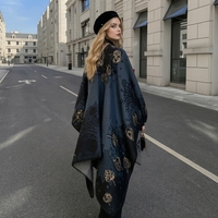Poncho long réversible pour femme, double face, à motifs floraux et feuilles, style ethnique coréen, en acrylique, chaud, pour l'hiver, châle-cape
