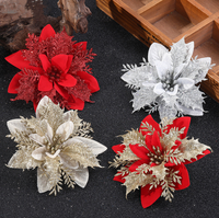 Décoration de Noël de 14 cm, fleurs scintillantes artificielles rouges et dorées, ornements pour arbre de Noël, fête de Nouvel An, mariage, couronne DIY