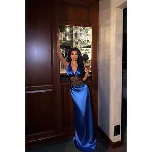 Vestido de Novia Vintage Azul Marino de Satén con Detalles de Encaje, Corte Imperio, Línea A, Tallas XL, Corto, Tres Cuartos, Largo hasta el Suelo, Largo hasta la Rodilla - Product Image 2