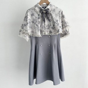 Ngọt Ngào Bow Tie Ren Lần Lượt Xuống Cổ Áo Ngắn Tay Áo Ăn Mặc Với Áo Choàng In Màu Sắc Tương Phản Chắp Vá Áo Choàng Ngắn Cho Phụ Nữ - Product Image 3