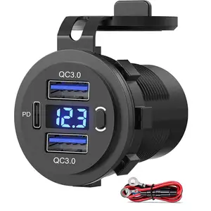 12V USB Outlet, Dual USB C Car Charger Socket & Quick Charge 3.0 Port with Voltmeter and Power Switch for Car Boat Marine Truck