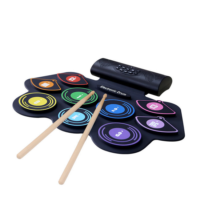 New Portable Electronic Drum Kit Hand Roll Drum Set 9 Pads Built-in Stereo Speaker 1000mA Lithium Battery with Drumsticks Foot Pedal