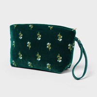 Pochette cosmétique personnalisée en velours vert foncé brodée de fleurs, avec dragonne et fermeture éclair, sac de maquillage vintage, trousse de toilette de voyage