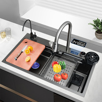 Éviers de cuisine multifonctionnels noirs à montage sous plan, style cascade, intelligents, en acier inoxydable, avec robinet extractible moderne