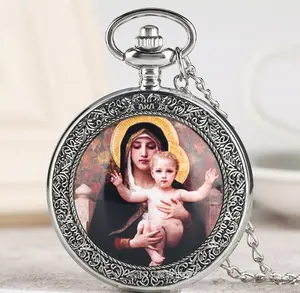 Round Nostalgic Antique Bronze Quartz Pocket Watch with Spring Switch Long Chain Necklace and Virgin Mary