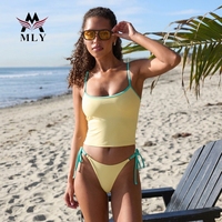 Ensemble tankini deux pièces personnalisé, bikini string sexy, maillot de bain ajustable à nouer sur le côté, coupe haute, bordure contrastante pour femme