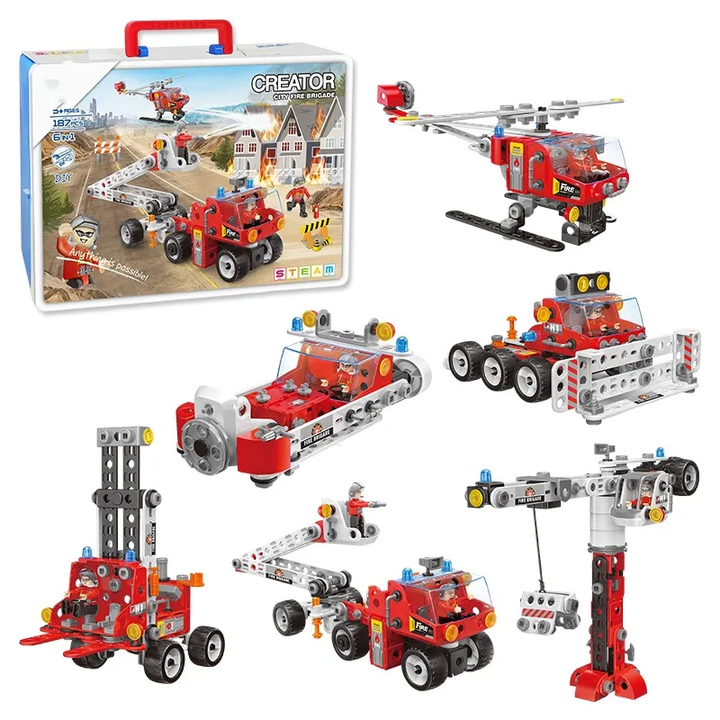 187PCS 6 in 1 STEM Screw Nut Assembling Fire Fighting Vehicle Helicopter Toys Educational Fire Rescue Truck Building Block Set f