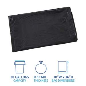 Sacs poubelles industriels Boardwalk 30 gallons, 0,65 mil, 30 x 36, noirs, 200/carton, faible densité linéaire pour sacs poubelles domestiques - Product Image 1