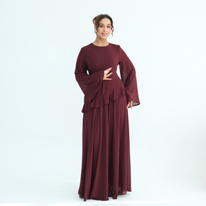 Abito Lungo Elegante da Donna con Maniche a Campana e Volant, in Chiffon Traspirante a Doppio Strato con Perle e Fodera, Ideale per Autunno e Primavera - Product Image 1