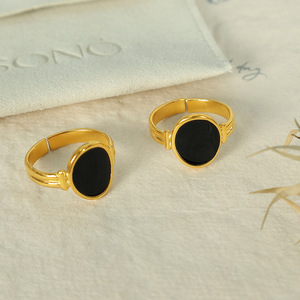 European Style <b>Titanium</b> Steel <b>Ring</b> Gold Black Water Drop Shape Bezel Setting Open Adjustable Unisex Jewelry Gift - Product Image 3