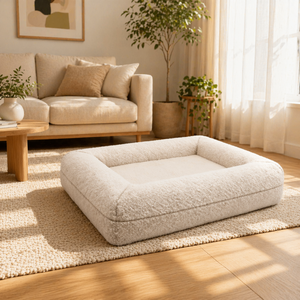 Lit orthopédique personnalisé pour chien en mousse à mémoire de forme, housse amovible et lavable en lin imperméable, couleur crème neutre, vente en gros fabricant - Product Image 1