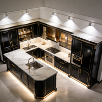 Meubles de cuisine de luxe minimalistes avec accents dorés, lave-vaisselle intégré et éclairage d'ambiance sous l'îlot