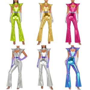 Combinaison Disco Holographique pour Femme Adulte, Coupe Patte d'Éléphant, Col Montant, Découpe à l'Épaule, avec Gants Longs, pour Fête, Cosplay, Personnalisable - Product Image 1