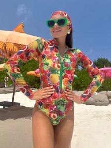 STOCK 10Colors <strong>Print</strong> Women Long Sleeve <strong>Surf</strong> Swimwear Zipper up Diving One Piece Swimsuit With Hair Band S-2XL - Product Image 3