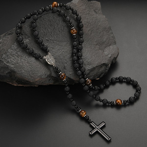 SEPT New Natural Stone 8MM Beads Unisex Men Cross Pendant Necklace With Tiger Eye Beaded Religious <strong>Rosary</strong> Necklaces Jewelry - Product Image 3