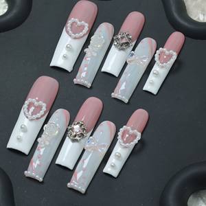 Uñas Postizas de Acrílico de Lujo, Forma Ataúd, Color Rosa, Cobertura Completa, Hechas a Mano, con Diseño de Estrellas, Mariposas y Pedrería, Precio de Fábrica - Product Image 2