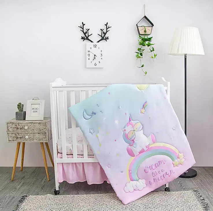 Unicorn Mermaid Pink Baby Quilt Stitching Cotton Fitted Sheet and Three Piece Crib Bedding