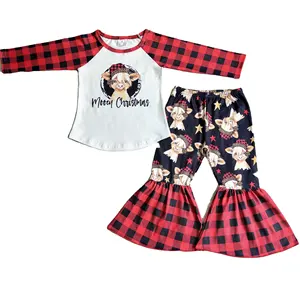 Kerst Koe Cartoon Rode Plaid Boutique Lange Mouwen Bell Bottoms Rts Geen Moq Kinderen Kids Baby Kleding Peuter Meisje Bel sets