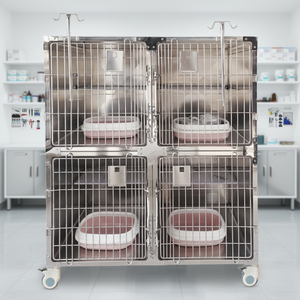 Premium 4 Bölmeli Veteriner Kedi Kafesi Paslanmaz Çelik Kedi Kafesi, Kedi Tuvaleti ve Üniversal Frenli Tekerlekler ile - Product Image 1