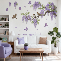 Stiker Dinding Burung Kecil Bunga Wisteria Gaya Cat Air untuk Ruang Tamu Kamar Tidur Dekorasi Rumah Stiker Dinding PVC yang Dapat Dilepas