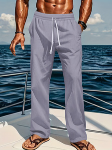 Pantaloni Casual da Uomo in <span class=keywords><strong>Lino</strong></span> e Cotone Traspiranti e Assorbenti, a Vita Media, Vestibilità Ampia e Confortevole, Nuovi Arrivi Transfrontalieri per TM - Product Image 4